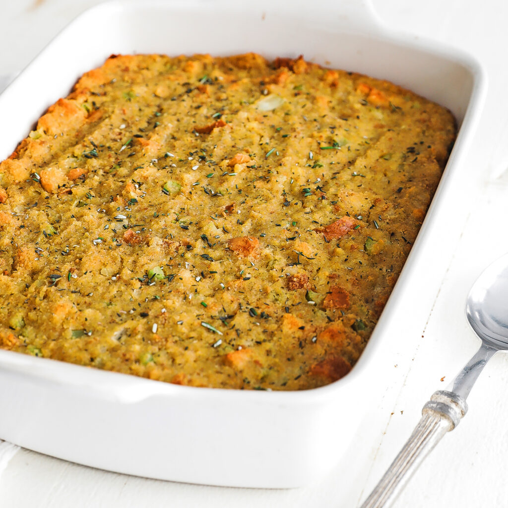casserole dish with cornbread dressing