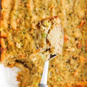 casserole dish with cornbread dressing