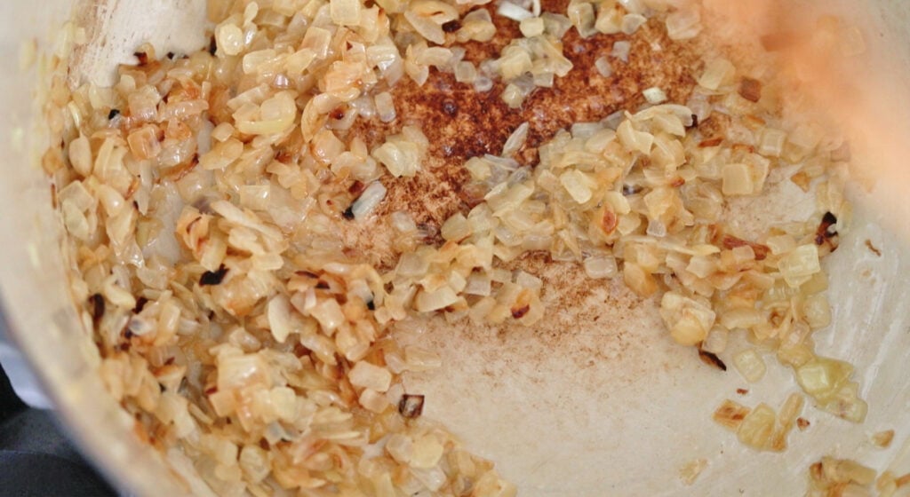 caramelizing onions in a pot