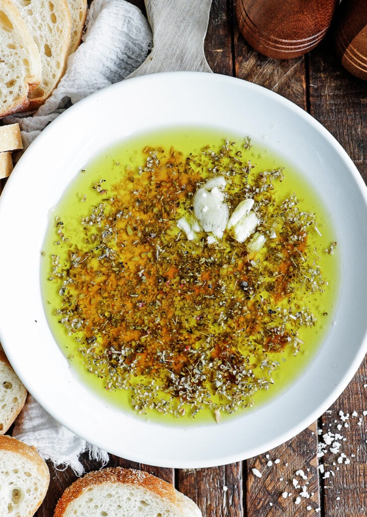Olive oil bread dip in a serving dish