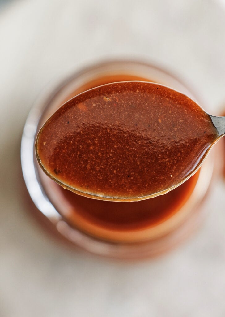 Close up of tonkatsu sauce on a spoon