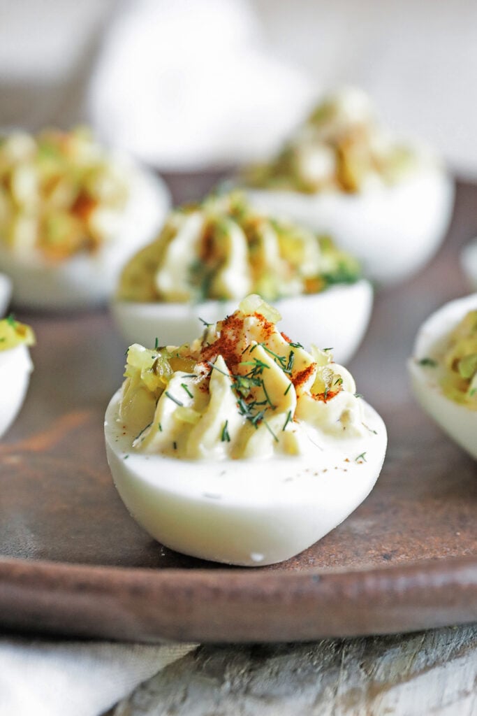 a southern deviled egg with relish and dill