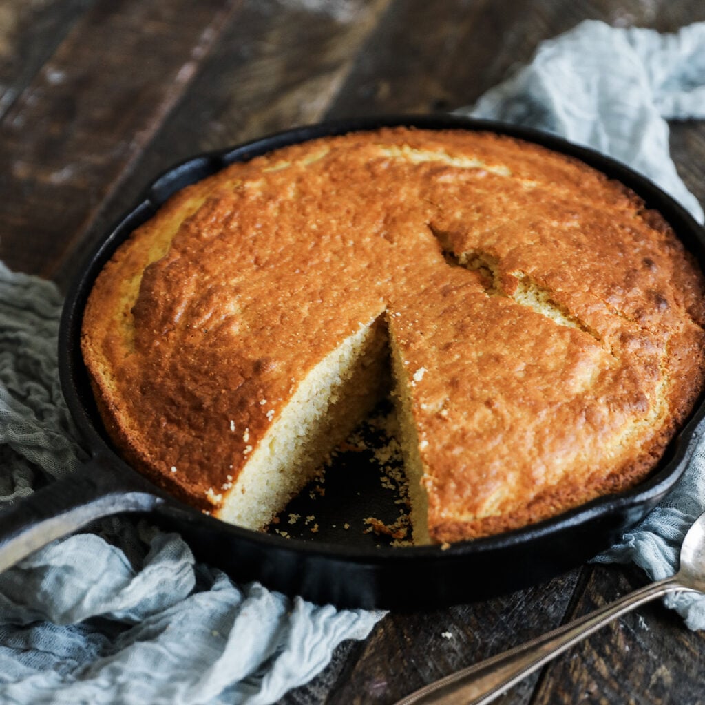 sweet cornbread in a cast-iron skillet