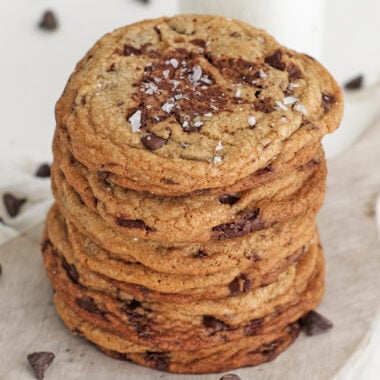 Chocolate chip cookies stacked on top of each other
