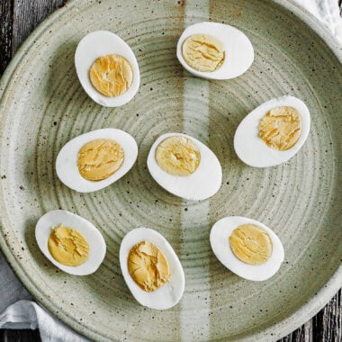 plate of hard boiled eggs cut in half