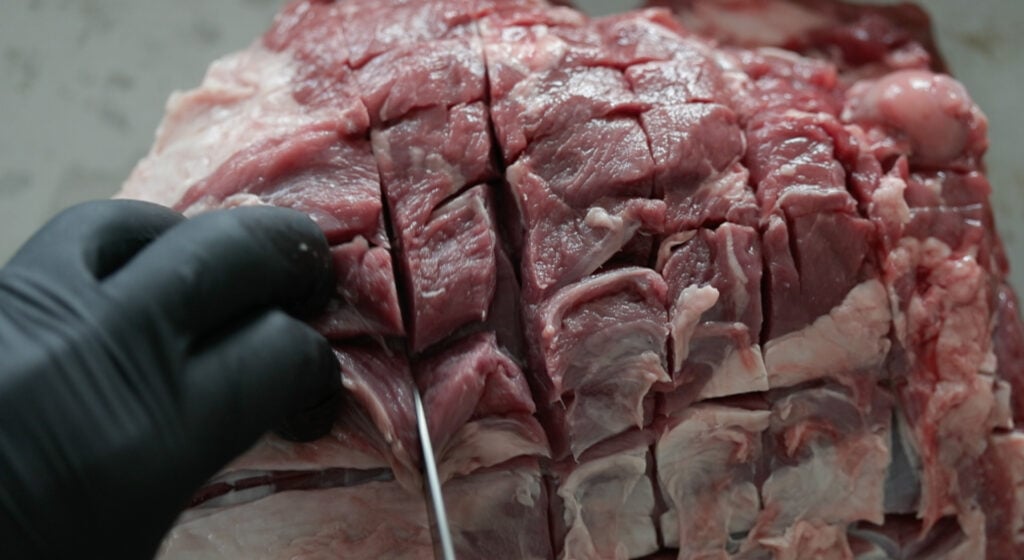 scoring a leg of lamb in a pan