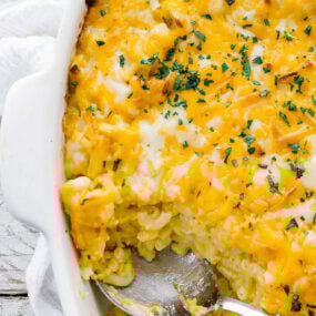 big casserole dish of macaroni and cheese