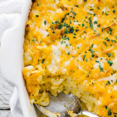 big casserole dish of macaroni and cheese