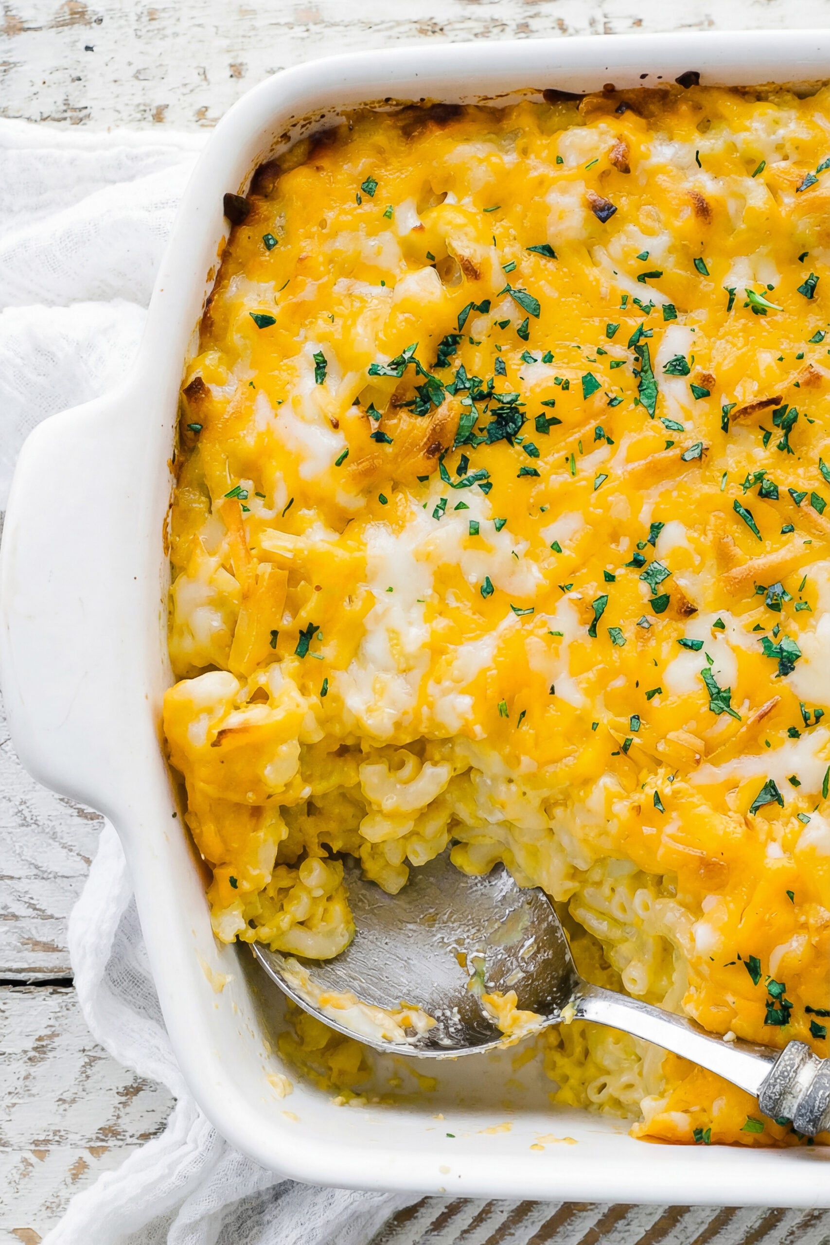 big casserole dish of macaroni and cheese