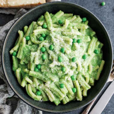 Pasta with peas in a large serving bowl