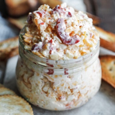 Pimento Cheese Dip in a small jar