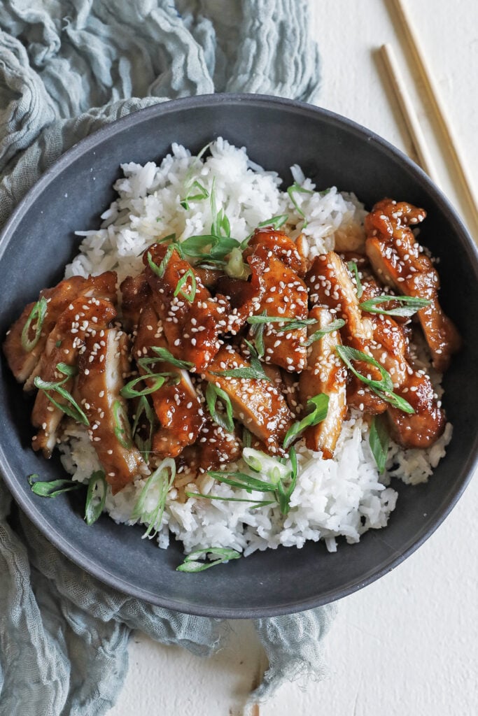 bowl of chicken teriyaki with rice