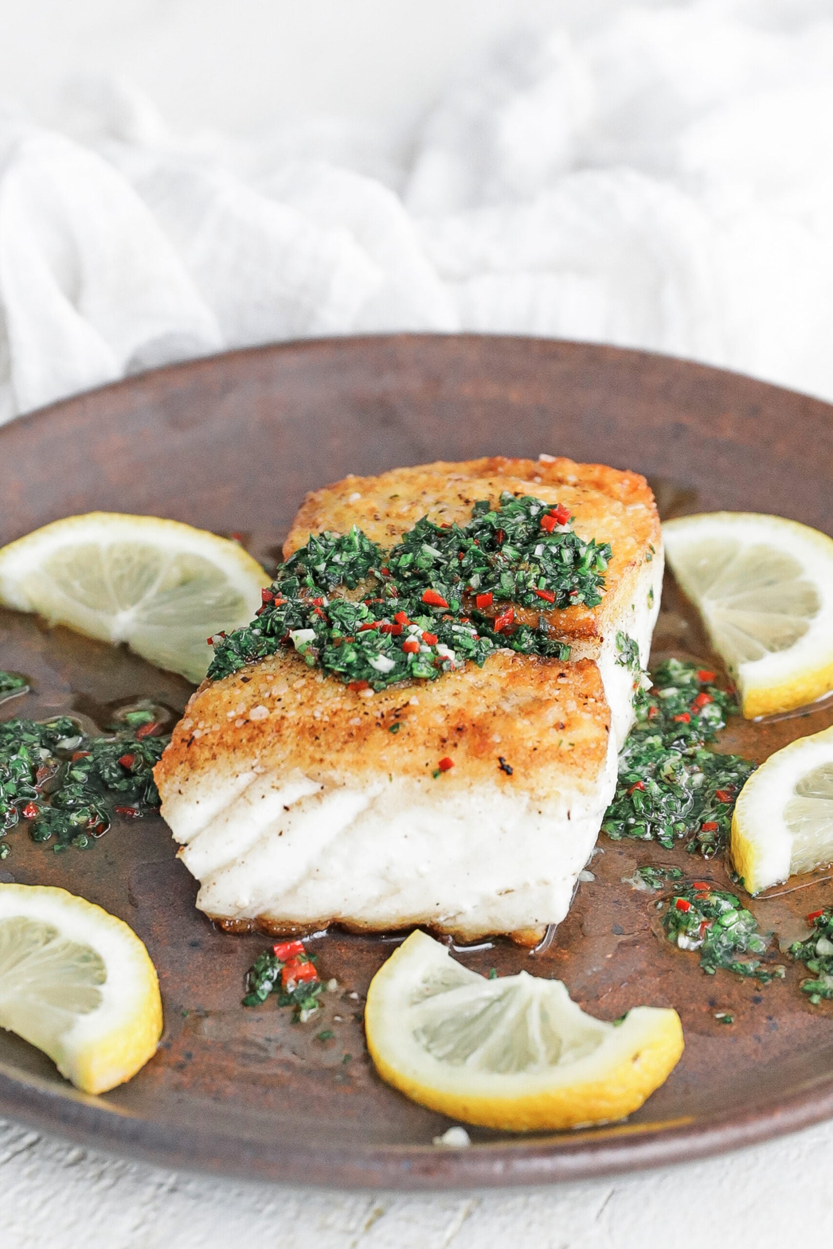 pan seared halibut with herb sauce