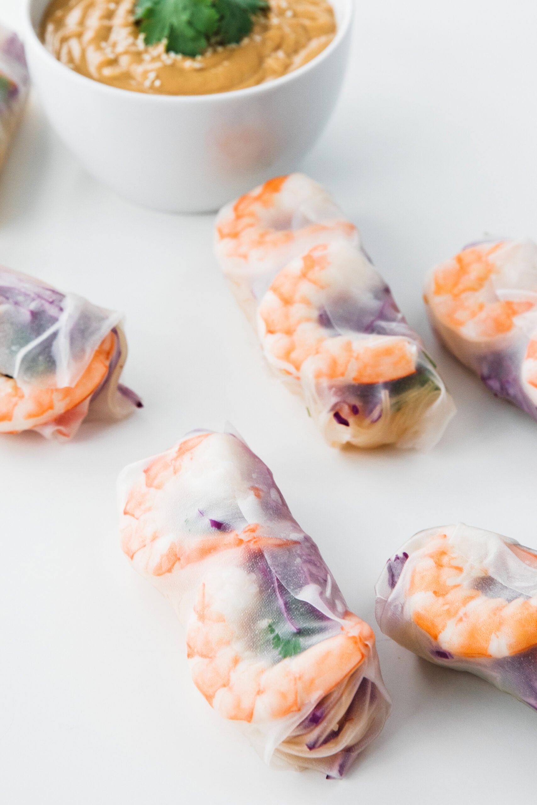 shrimp spring rolls wrapped up in rice paper.