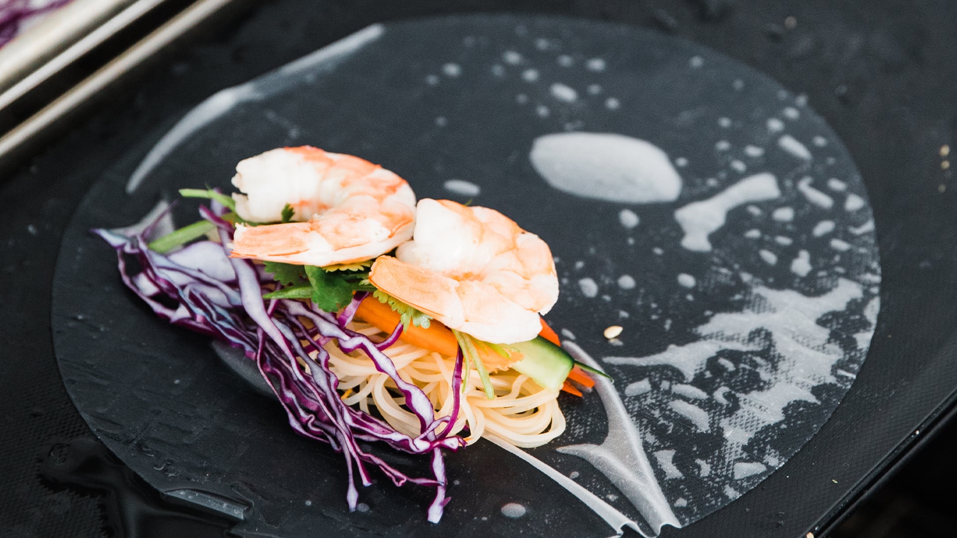 shrimp spring roll ingredients on rice paper