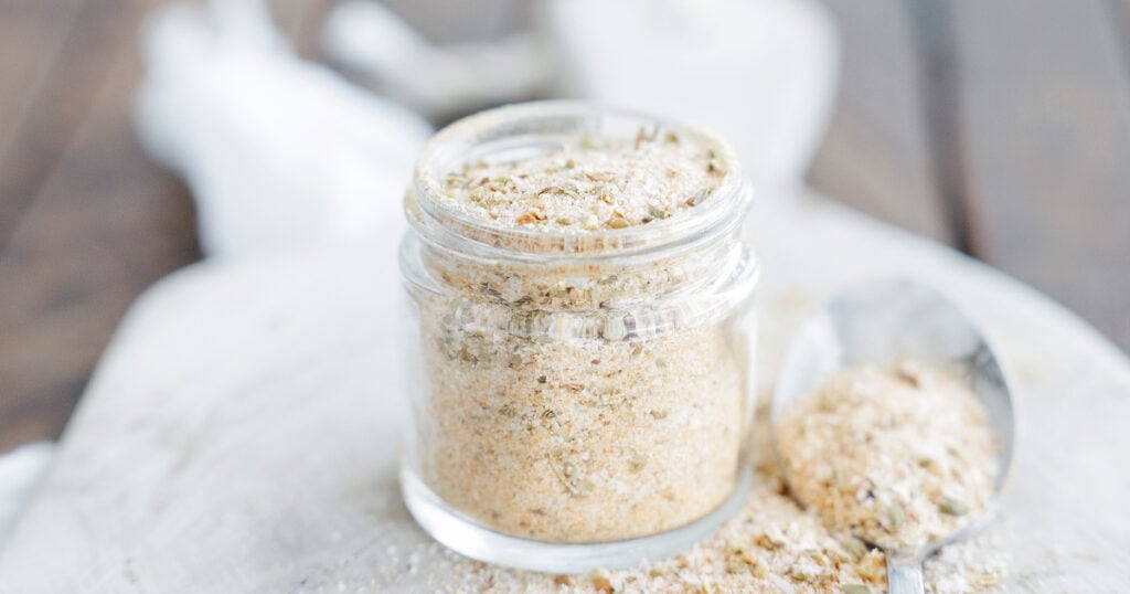 Adobo seasoning in a glass jar