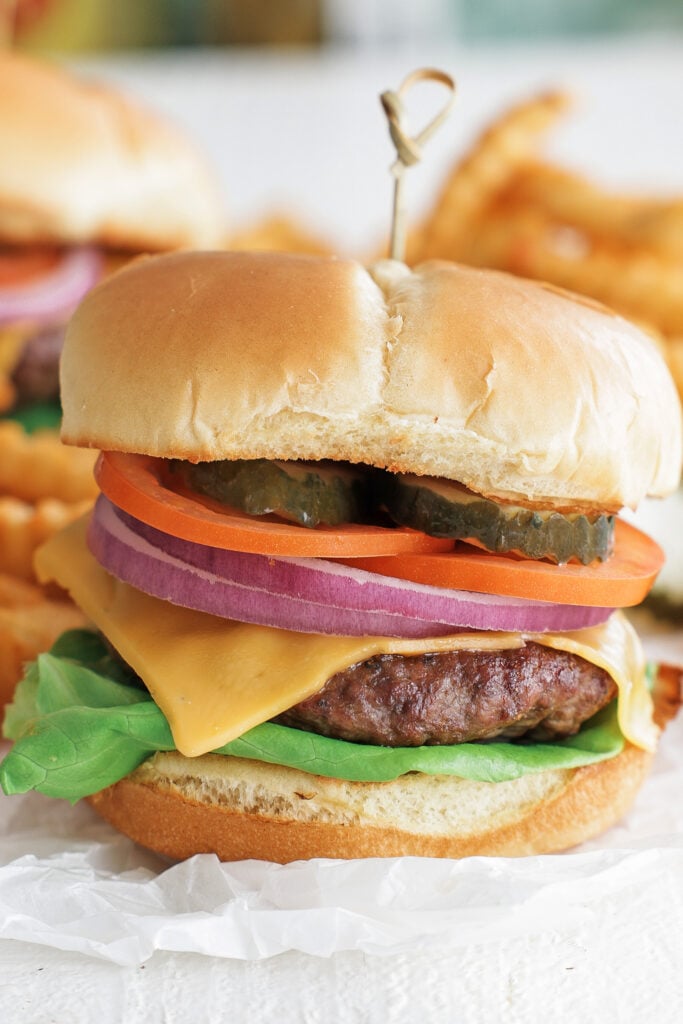 Cheese burger on a bun with pickles, tomatoes, red onion and lettuce showing