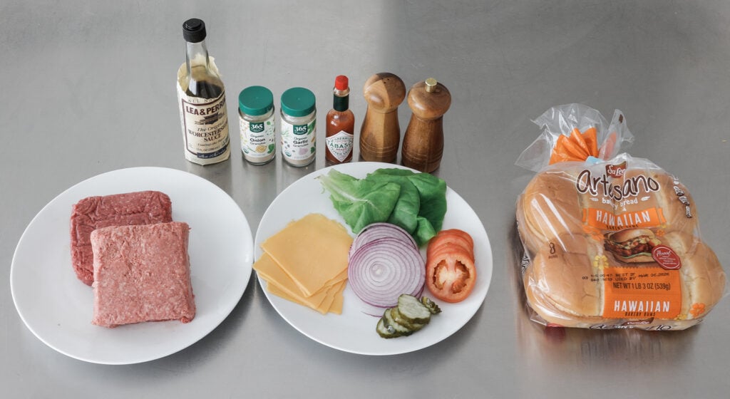 Ingredients to make baked hamburgers