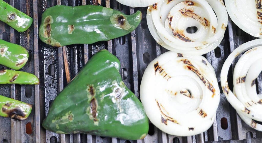 grilling the peppers and onion