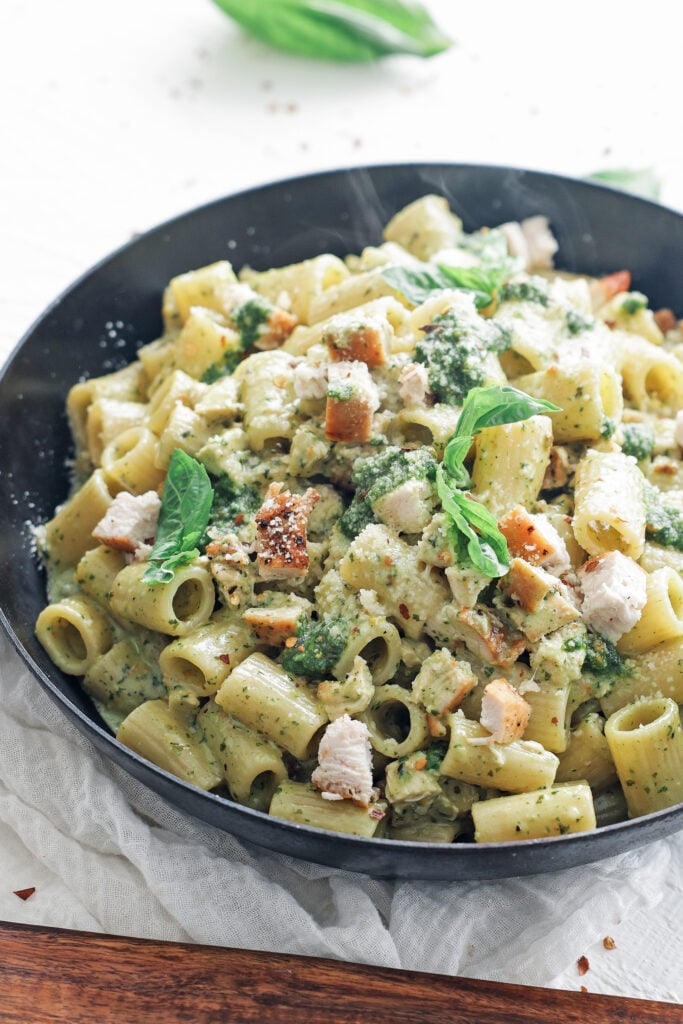 Chicken pesto pasta on a plate
