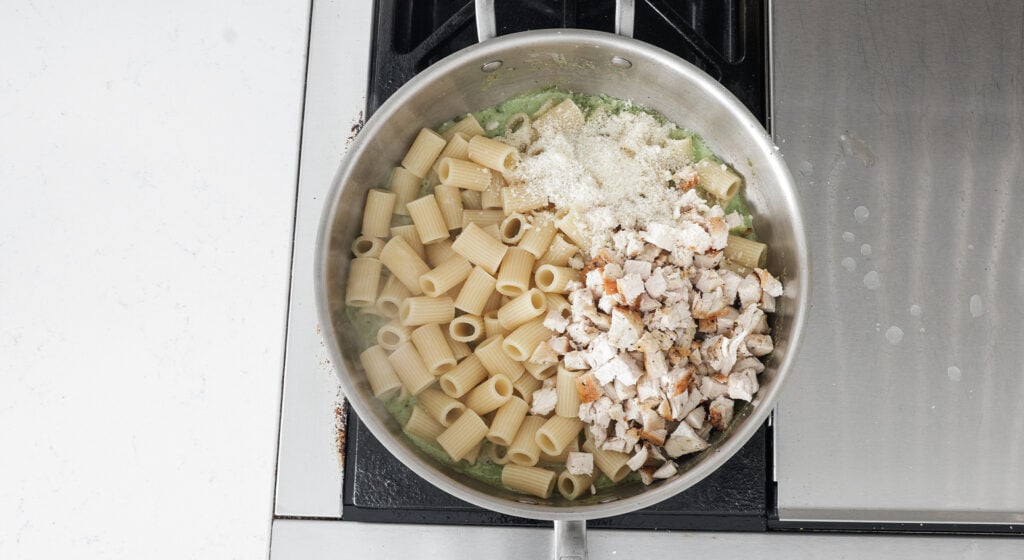 All of the pasta ingredients together in a pan