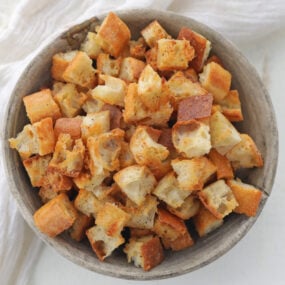 bowl of crunchy brown croutons