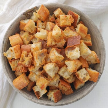 bowl of crunchy brown croutons