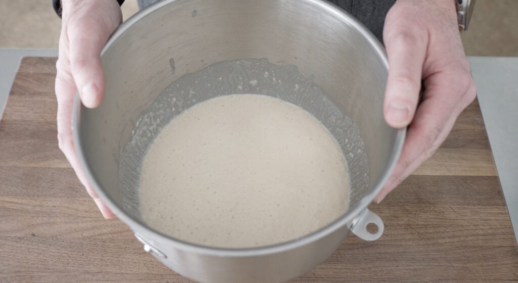 Looking down at mixture in a mixing bowl
