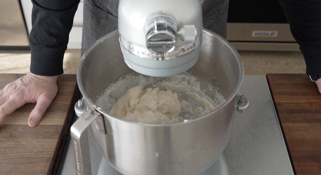 Ball of dough forming in the mixing bowl