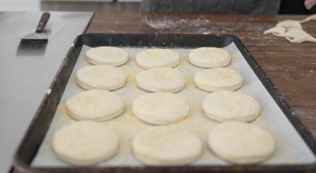 12 Dough rounds lined up on a cookie sheet