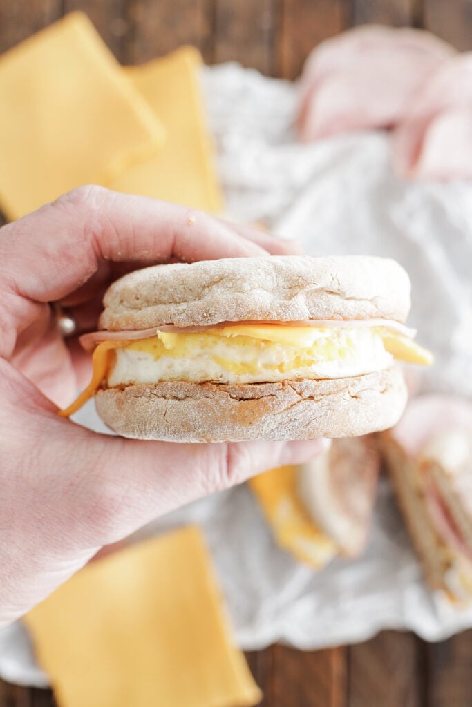 Holding an english muffin sandwich