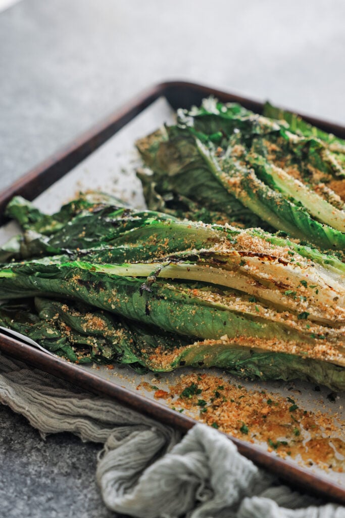 Grilled romaine on a sheet tray
