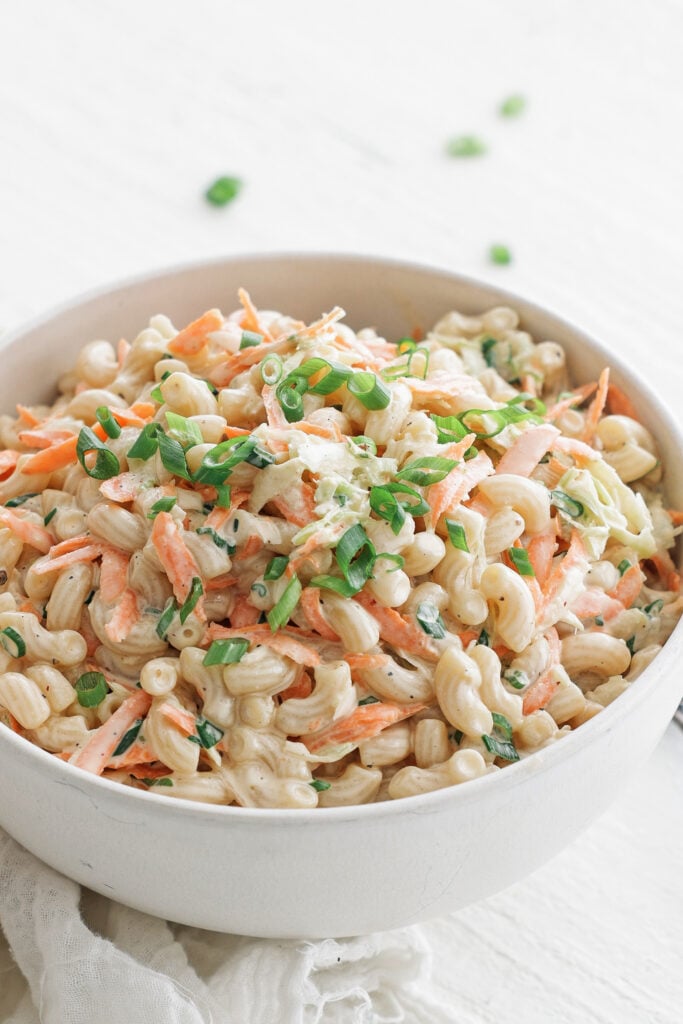 Hawaiian macaroni salad in a white serving bowl