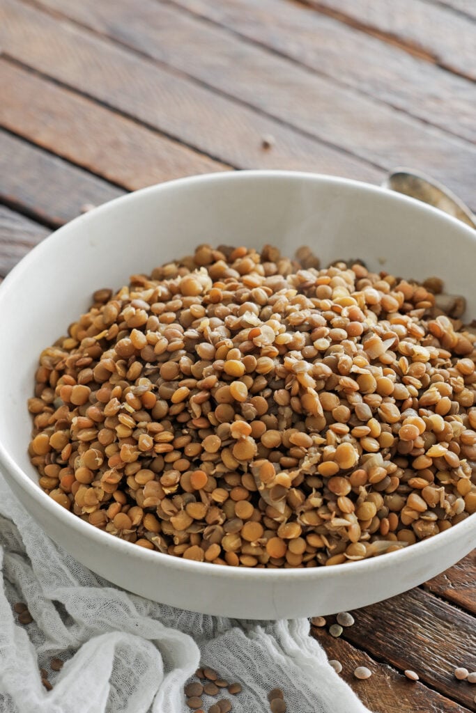 Bowl of cooked lentils