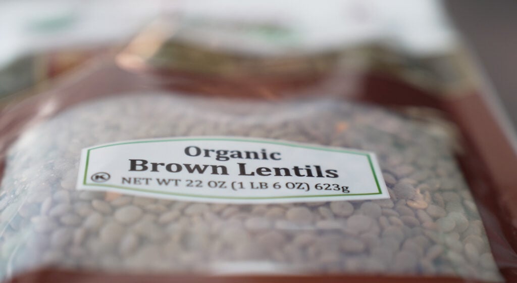 Close up of a bag of lentils 