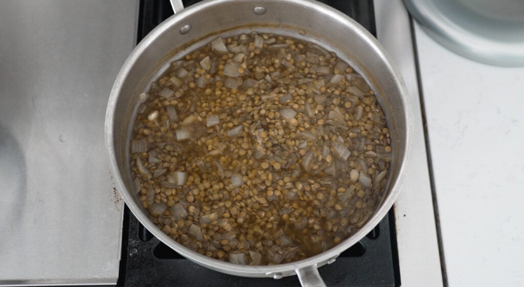 Pot of cooked lentils cooling on the stove