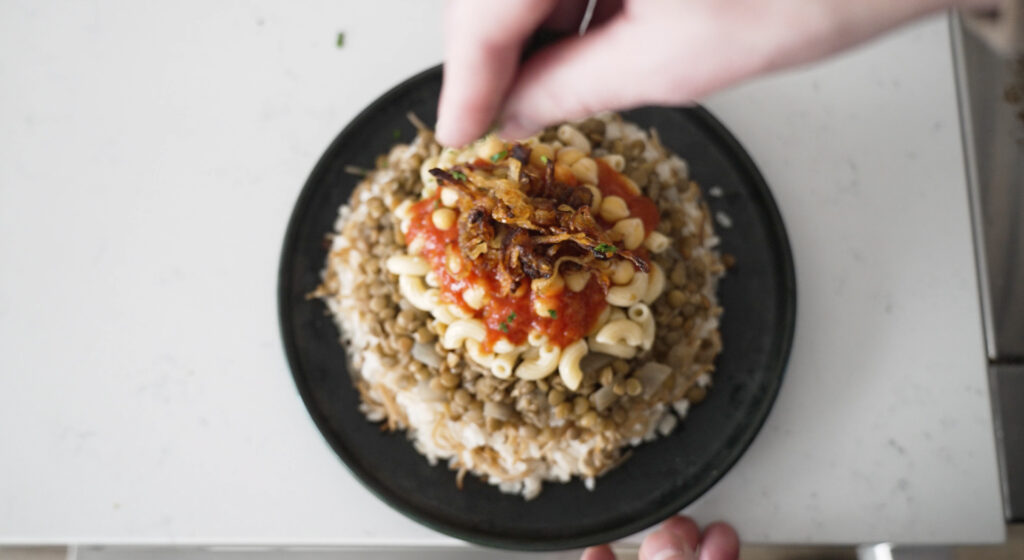 top down view of finished koshari