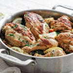 Lemon chicken orzo in a large rondeau pot