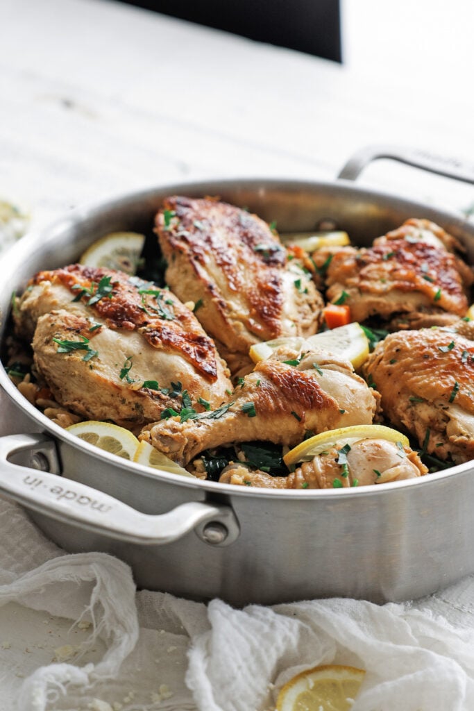 Lemon chicken orzo in a large rondeau pot