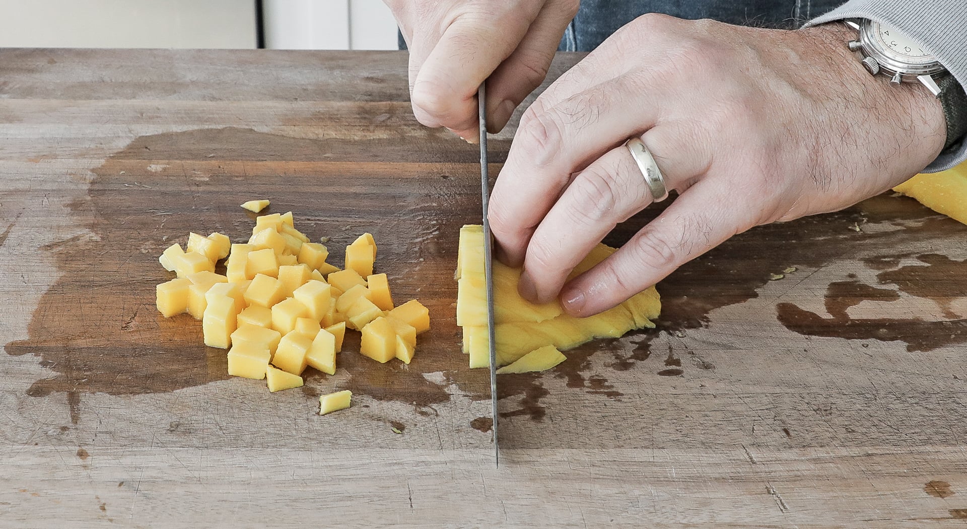 medium dicing a fresh mango
