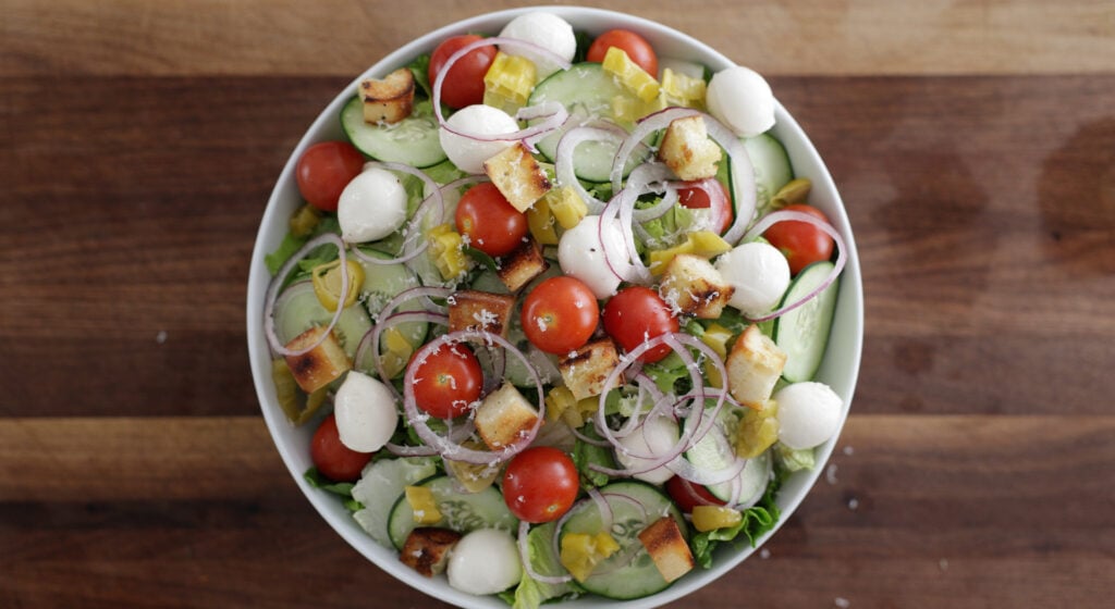 Looking down on a full bowl of italian salad