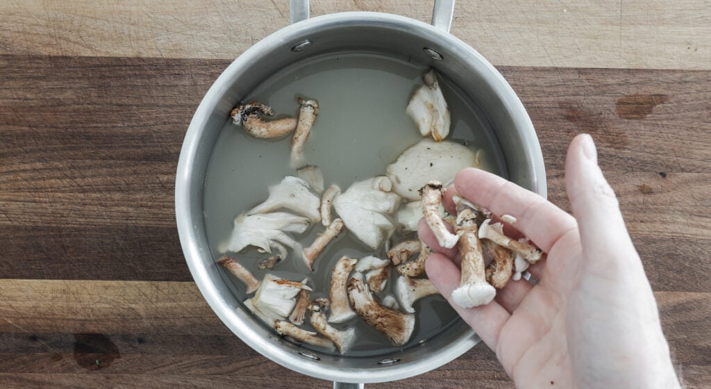 Adding mushroom pieces and stock to a saucepan