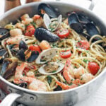 Seafood pasta in a large pan