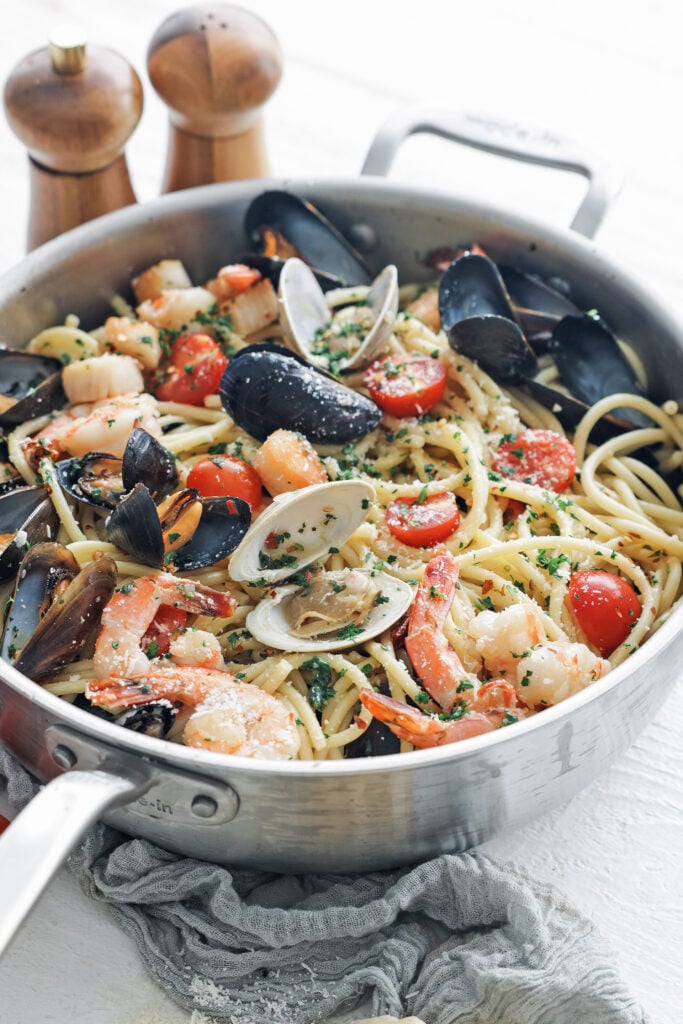 Seafood pasta in a large pan