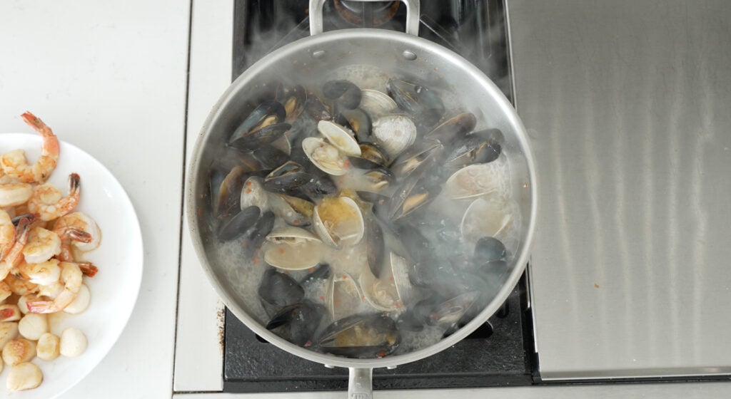 mussels and clams in a steaming pot