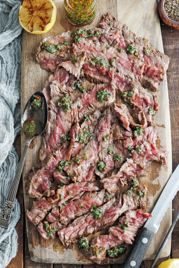 Skirt steak sliced on a cutting board