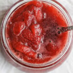 Close up overhead view of the finished strawberry sauce