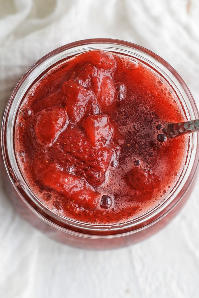 Close up overhead view of the finished strawberry sauce
