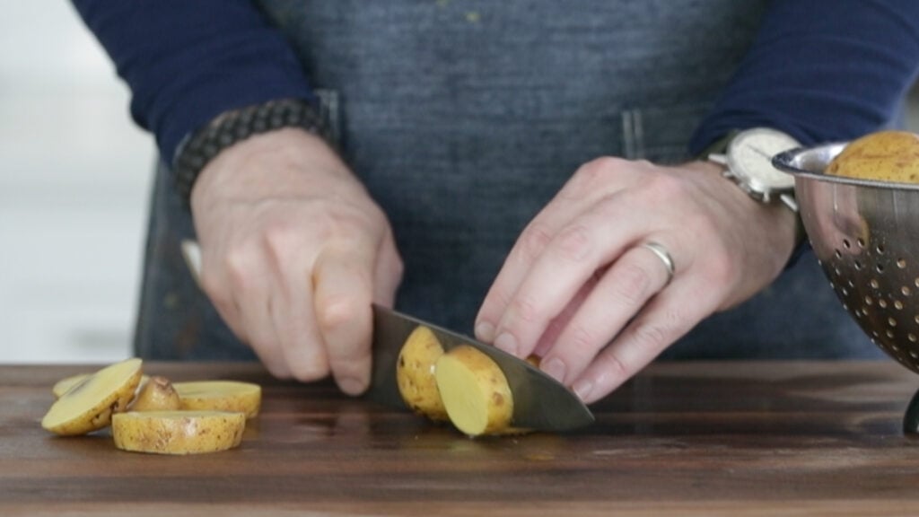 slicing yukon gold potatoes