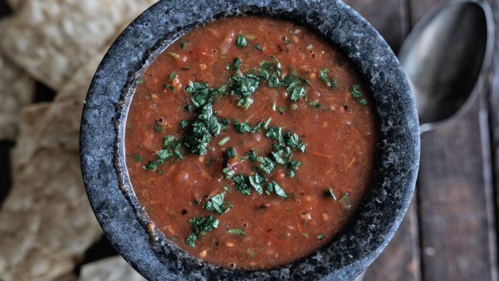 Top view of finished bowl of salsa roja